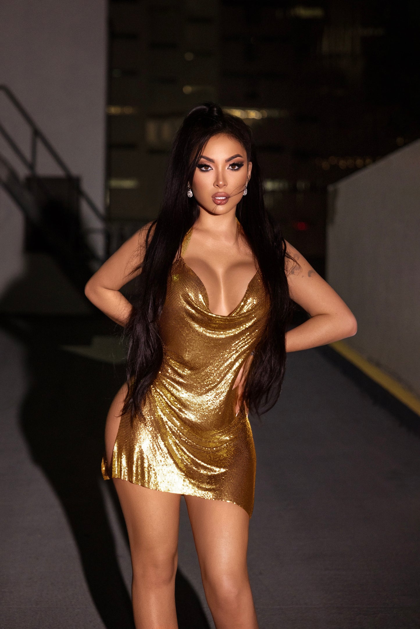 Bombshell 24K Gold Metallic High Slit Mini Dress